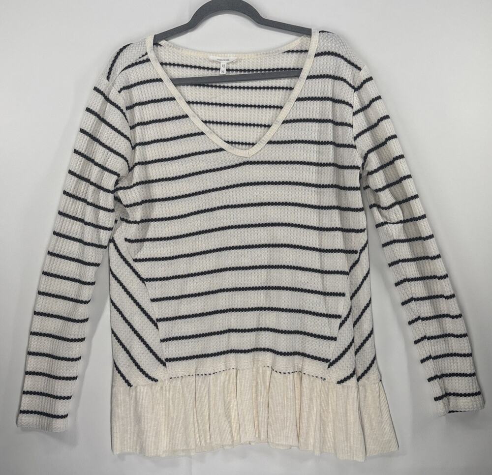 Maurices Waffle Knit Striped Peplum Top XL Cream Black Long Sleeve V Neck